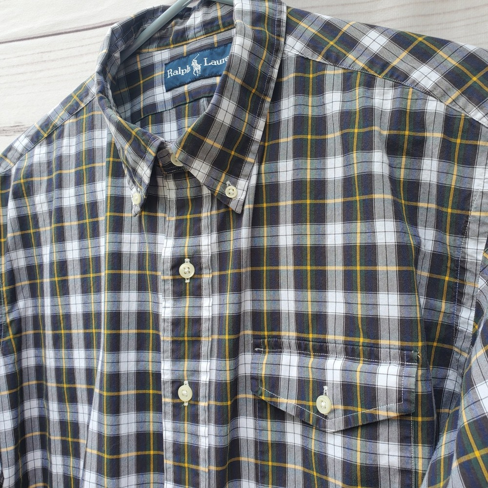 Ralph Lauren Mens XL Plaid Button Down‎ Shirt Navy Green Yellow Long Sleeve